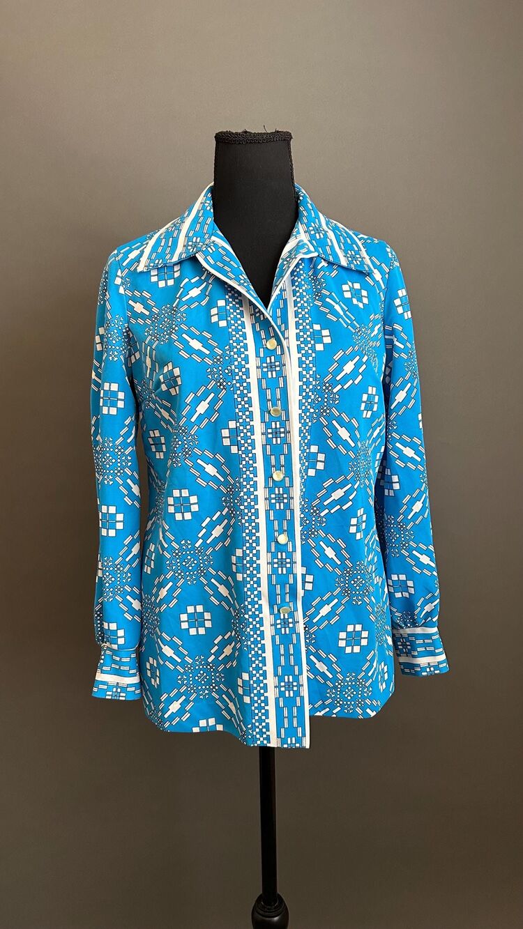 Vintage 1970s Mod Patterned Button Front Blouse, Large